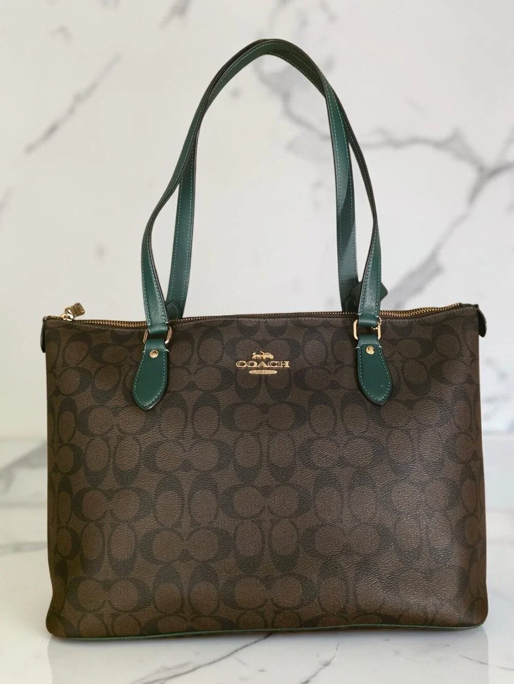 Coach CH504 Signature C Pine Green Leather Large Tote Bag Brown Gold HTF